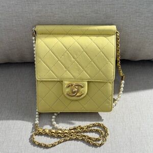 CHANEL Yellow Lambskin Mini Square Pearl Chain Flap GHW